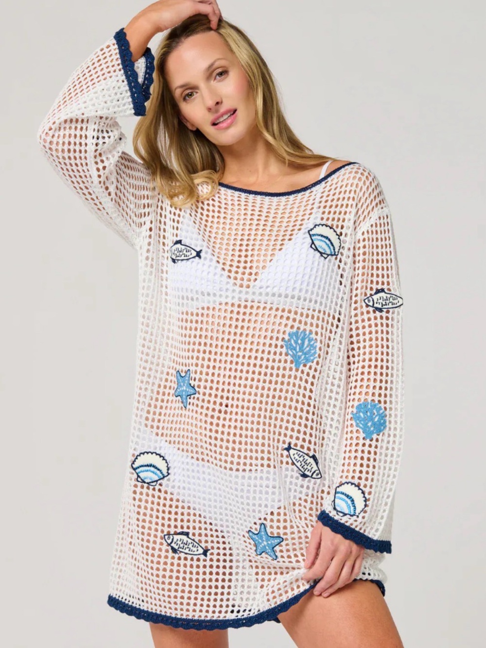 Shiraleah White Open-Knit Seashell Coverup with Navy Trim